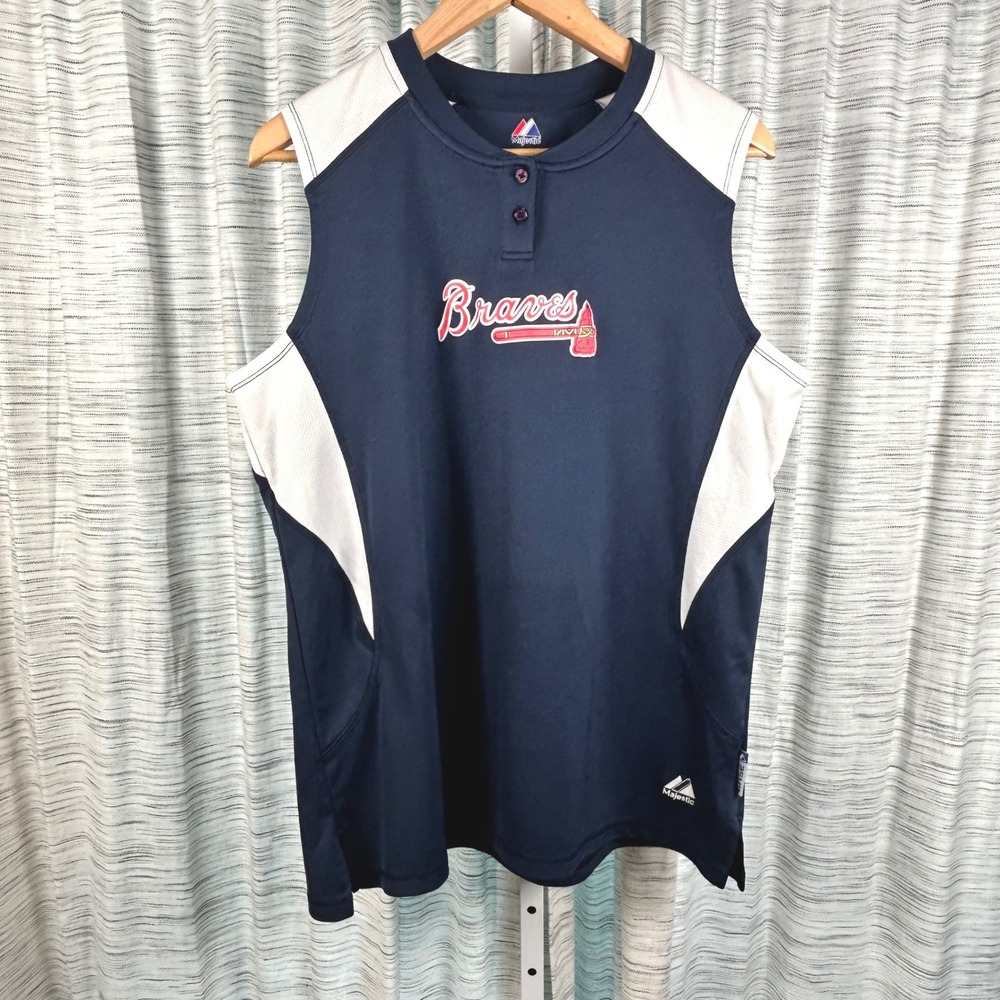 Majestic Atlanta Braves Jersey Navy Blue Mens XL XLarge‎ Cool Base Sleeveless